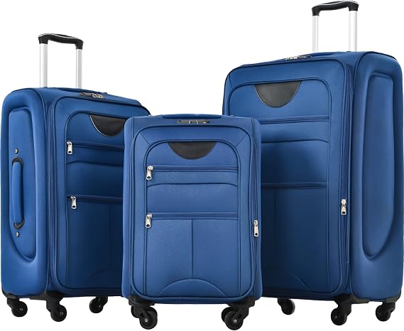 Softside 3 Piece Luggage Sets, Expandable Lightweight Suitcase Sets Double Softshell Spinner Wheels Travel Luggage Set for Women and Men (Blue, 3-Piece Set)