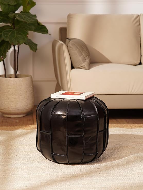 Handmade Eco-Friendly Solid Leather Pouf Black Color Round 14" x 14" x 14" Buffalo Leather Pouf for Living Room, Bedroom Seating, Patio