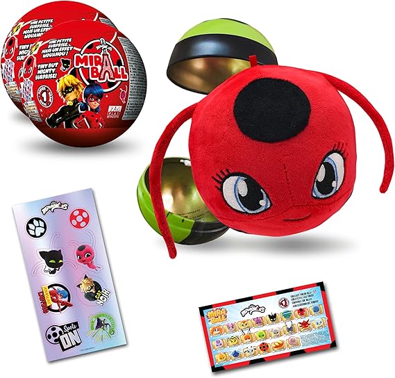 Miraculous Ladybug MiraBall، 3 في 1 Surprise، 2 Pack، Blind Box Toys for Kids - شخصيات قابلة للتجميع من البرامج التلفزيونية - كرة معدنية، Kwami Plush، ملصقات، شريط أبيض - اجمعها جميعًا