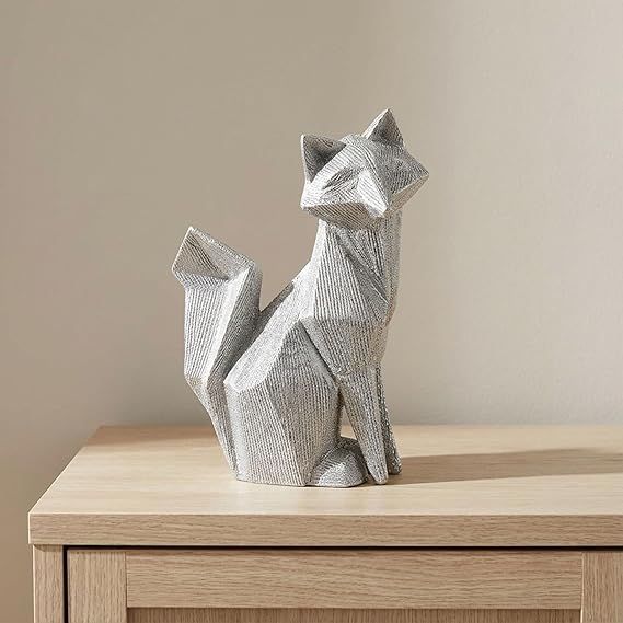 Ceramic Beaded Fox Decorative Figurine for Home Decor Art Living Room Decorative Objects, Modern Coffee Table Decor, Contemporary Sculpture for Coffee Tables & Shelves 10", Silver