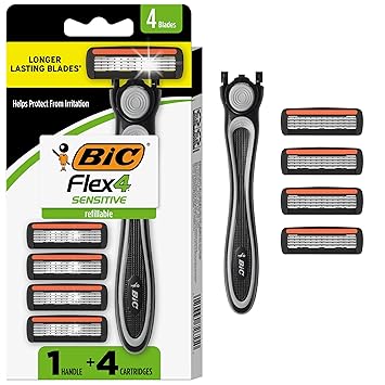 BIC Flex 4 Men's Refillable 4-Blade Razors with 1 Handle and 4 Cartridges, Pivoting Head and Lubricating Strip for Fathers Day