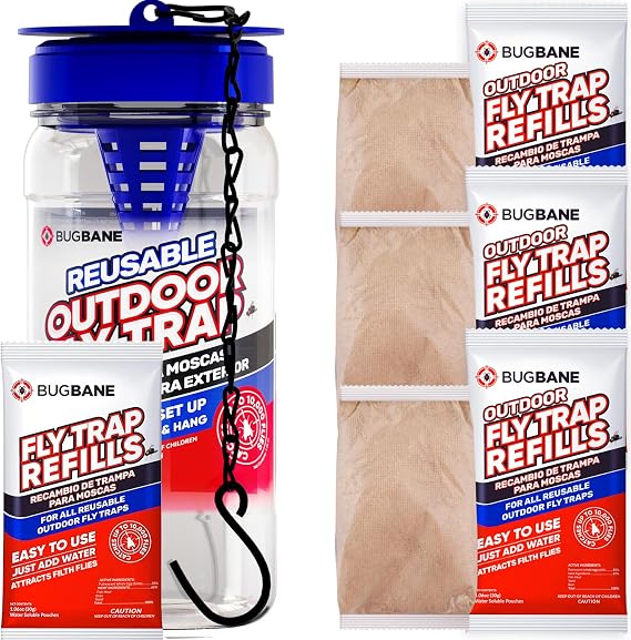 1 Reusable Outdoor Fly Trap with Chains with 5 Non-Toxic Dissolvable Bait Refills