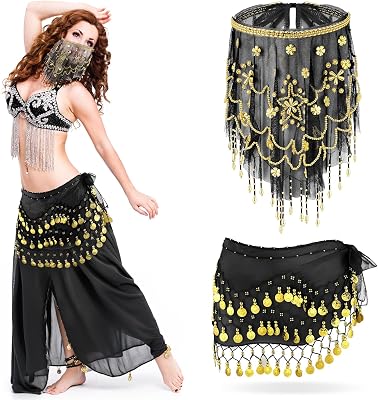 Mepase 1 Set Belly Dancer Outfit Belly Dance Hip Scarf Face Veil with Beads Sequins for Women Halloween Costume Accessory
