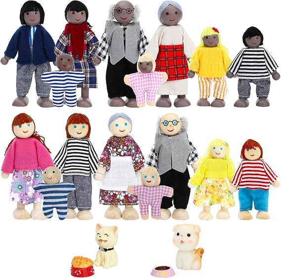 ONEST 20 Pieces خشبية دمية مجموعة الأسرة مصغرة الناس أرقام الكلب القط مجموعات دمية الدمى دمية خشبية عائلة التظاهر اللعب شخصيات اكسسوارات لعبة التظاهر دمية البيت