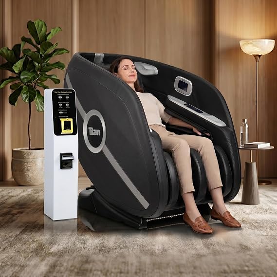 Osaki Zena Vending Massage Chair and Nayax Card Reader Bundle SL-Track l Reclining & Space Saving l Modular Chair Fence l Led Lighting l Side Panel l Wireless Charging & USB l 12-Cell Air (1, Black)