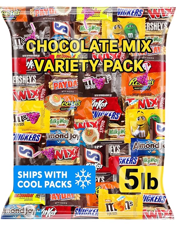 Assorted Chocolate Candy Variety Pack, 5 Lb Bulk Mix of Individually Wrapped Mini Milk and Dark Chocolate Bars for Office Snacks, Candy Bowls, Party Favors, Treat Bags, Movie Nights and Sharing