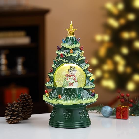 Mr. Christmas Nostalgic Ceramic Christmas Tree with LED Lights Indoor Decoration, 13.5 Inches, Snow Globe - Snowman