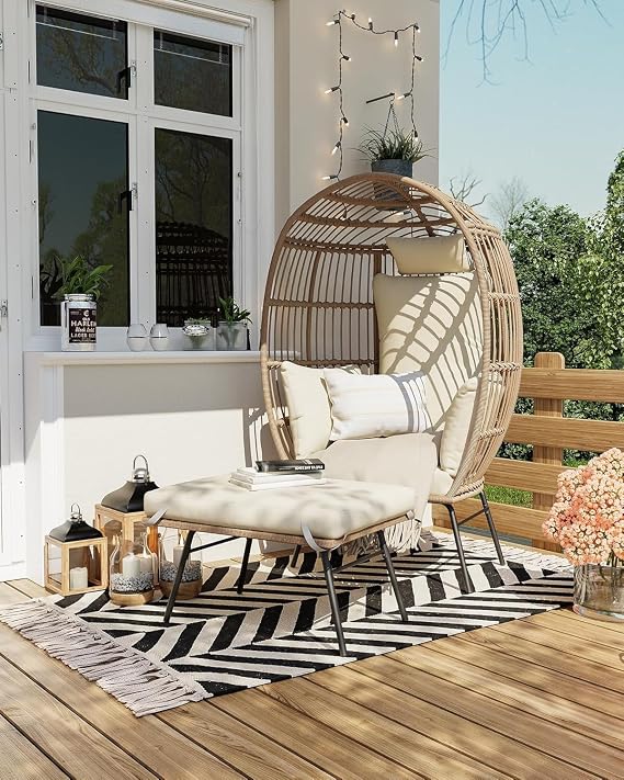 Oversized Outdoor Rattan Egg Chair with Ottoman,Wicker Patio Lounger Chairs with Thick Cushion for Indoor Living Room, Bedroom, Outside Patio Backyard Balcony,Beige