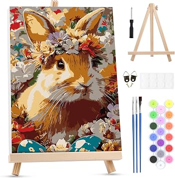 MXJSUA Easter Framed Paint by Numbers for Adults Beginners, Easy Adults Paint-by-Number Kits on Canvas with Easel, Flowers Bunny Acrylic Number Painting Crafts Kits Gifts for Home Decor, 8x12inch