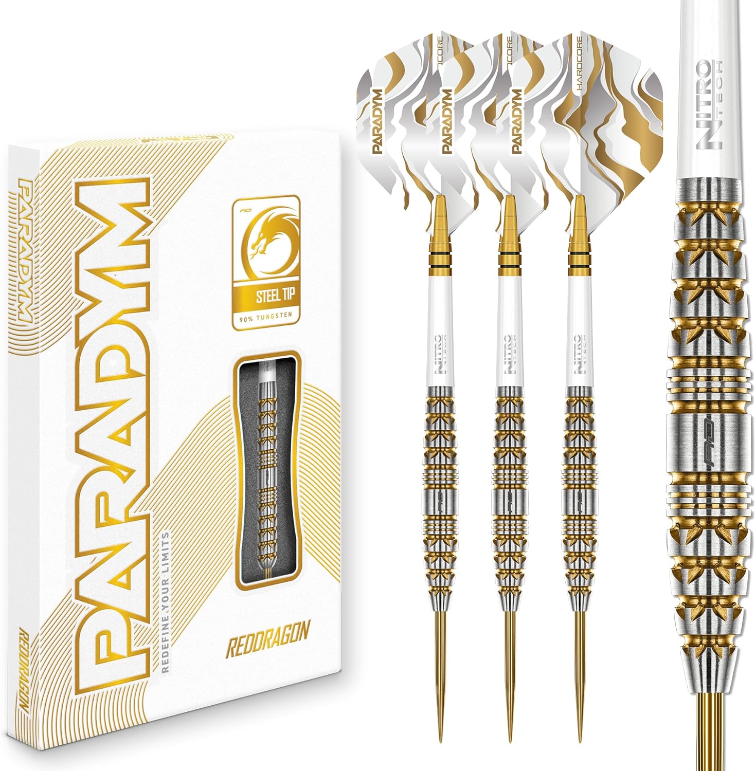 RED DRAGON Darts - Paradym Gold Series - Professional Steel Tip Darts Set - 90% Tungsten Parallel Barrel - Includes Dart Flights &amp; Stems - Professional Dart Set