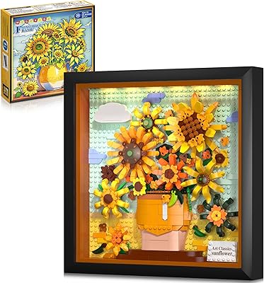 مجموعة بناء عباد الشمس من HOGOKIDS Flowers مع أضواء - مجموعة فنية من 807 قطعة من إطار الرسم ومجموعة نباتية وكتل بناء صغيرة للديكور المنزلي ومجموعة معمارية فنية جدارية وهدية عيد الحب للبالغين والمراهقين