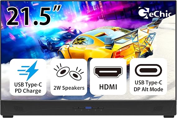 Gechic 2101H 21.5" Portable Travel Monitor 1080p HDMI, USB-C Docking Power Delivery for Laptop/MacBook/Switch/Smartphone Fast Charge 45 W, 2W Speaker with Protective Travel Bag