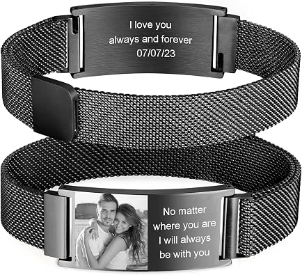 MPRAINBOW Custom Picture Bracelets for Men - Stainless Steel Adjustable ID Bracelet,Free Engraved Personalized Photo Bracelets, Engraving Photo Text Name Wristbands Jewelry Gifts for Him Boyfriend