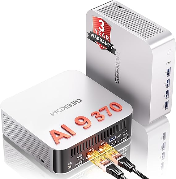 GEEKOM A9 Max High AI Productivity Mini PC,AMD Ryzen AI 9 HX 370(80 Tops)|DDR5|1TB SSD+32GB RAM|Copilot+ PC|Win 11 Pro|WiFi 7|BT 5.4|USB4.0|HDMI 2.1|8K Video Editing|for Business&Gaming&3D Rendering