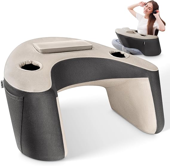 Ergonomic Memory Foam Lap Desk Pillow with Tablet Stand, Arm Rest Cushion with Dual Cup Holders & Side Pockets, Ice Silk Washable Cover for Bed Sofa Gaming Reading Office, Kids & Adults (Black Gray)