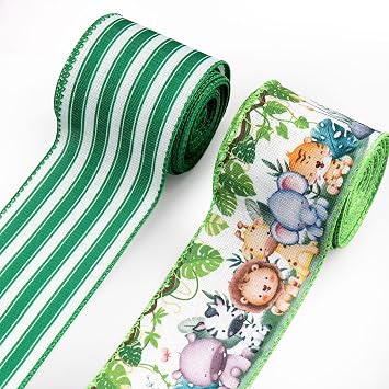 Green Baby Shower Wired Ribbon for Crafts Wreath Bow Making - 2.5 Inch Woodland Animal Print Ribbon for Gender Reveal Party Diaper Cake Home Decoration