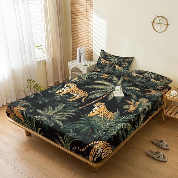 طقم ملاءات Tiger Jungle من Cal King، ملاءات سرير للحيوانات البرية، أغطية سرير طبيعية للغابات الاستوائية، ديكور غرفة النوم، ملاءة جيب عميقة من الألياف الدقيقة الناعمة وملاءة مسطحة و2 غطاء وسادة