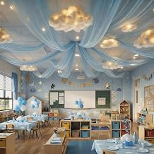 VioraWhite 15 Pcs Blue Sky White Cloud Ceiling Decor, 8 Pcs 60x12 ft Blue Sky Backdrop, 6 Artificial Cloud 3D Cotton for DIY Classroom Hanging Ornament Birthday Wedding Nursery Room with Light String