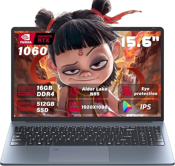 Ultra-Slim 15.6'' FHD Gaming Laptop,Alder Lake N95, Nvidia GTX 1060 6GB,16GB RAM 512GB SSD, Win 11 Pro High-Performance Notebook with HDMI, USB-C, RJ45 Ethernet, Wi-Fi, Backlit KB,Fingerprint
