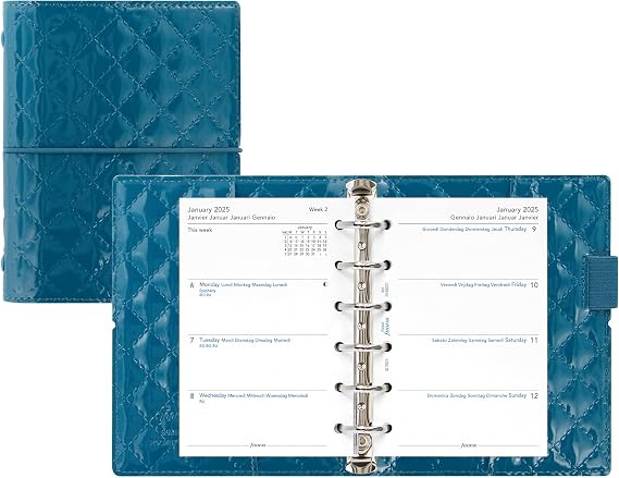 منظم Filofax Domino Luxe، مقاس الجيب، أزرق مخضر - لمعان عالي، تأثير مبطن، مستوحى من الطراز الباريسي، ست حلقات، يوميات تقويمية من الأسبوع إلى العرض، متعدد اللغات، 2025 (C027993-25)