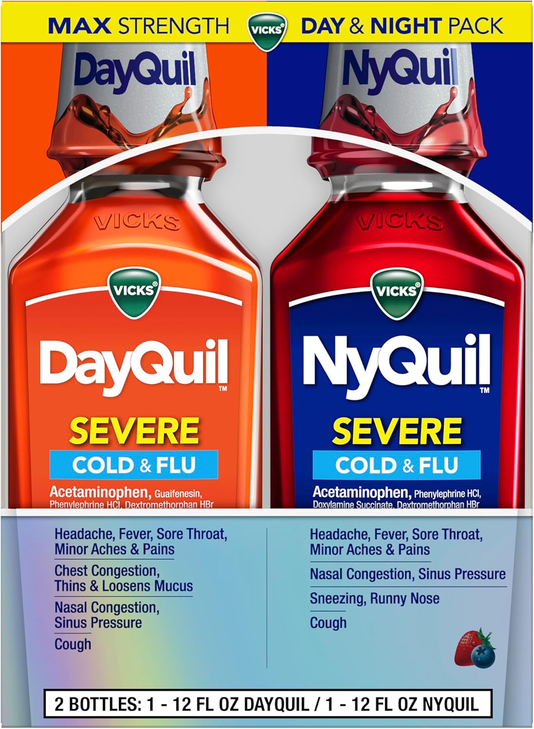 Vicks DayQuil & NyQuil طب البرد الشديد والأنفلونزا، تخفيف الصداع، الحمى، التهاب الحلق، آلام وآلام طفيفة، احتقان الأنف، ضغط الجيوب الأنفية، الأنف الخانق، والسعال، Co-Pack, 2 × 12 أونصة