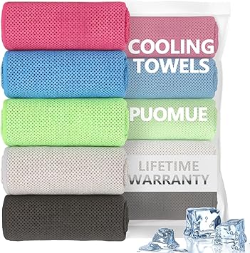 Puomue 5 Pack Cooling Towels, 40 Inches X 12 Inches, Breathable Soft Chilly Microfiber Towel for Yoga, Sport, Running, Workout, Gym, Camping and Fitness, Multicolor