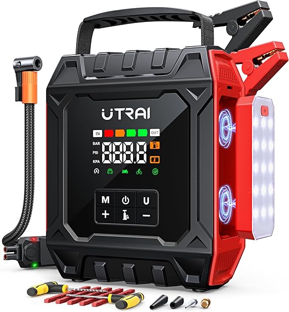 UTRAI 8000A Jump Starter with Air Compressor 160PSI, Car Battery Jumper Starter for All Gas/12L Diesel Engines, Portable Car Jump Starter Jump Box with 1000LM Magnetic Light, Tire Repair Kit