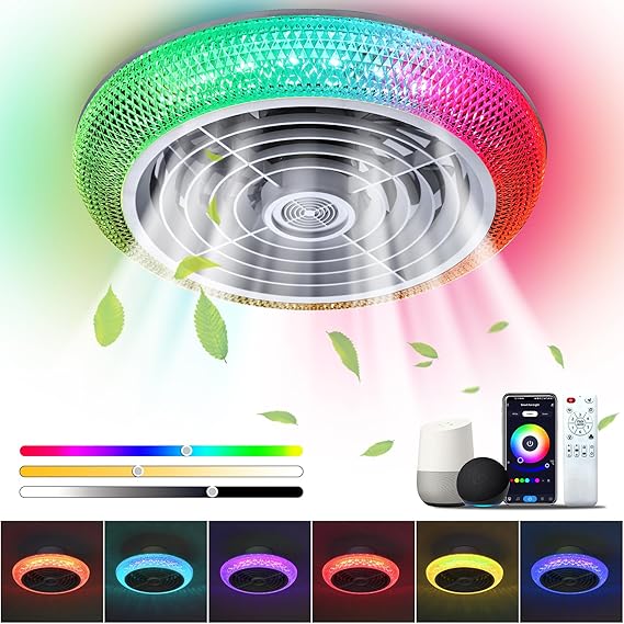 Ceiling Fan with Light, 16" LED RGB Low Profile RGB Fan Light with 6 Wind Speed, App & Remote Control, Fit for Alexa, Google Assistant