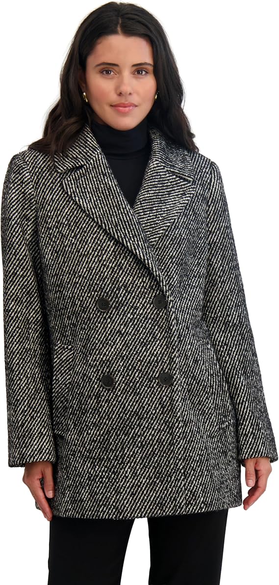 TAHARI Women's Double-breasted Twill Soft Wool Coat, Fully Lined, Notched Collar, 30" Peacoat Length
