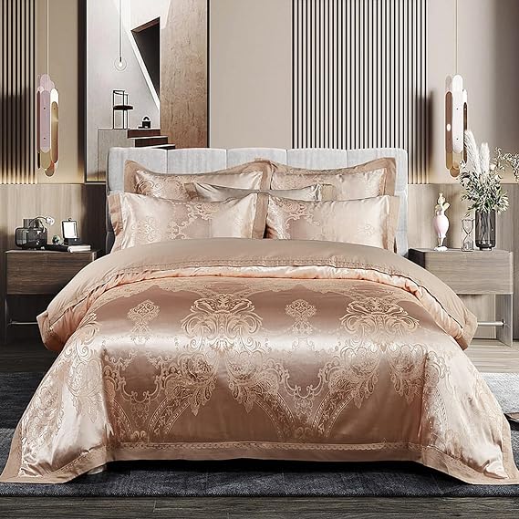 Luxury Jacquard Satin Duvet Cover Set, Silk Like Floral Bedding Sets with Zipper Closure, Soft Comfy Reversible Microfiber Comforter Set (Queen, Brown 2)
