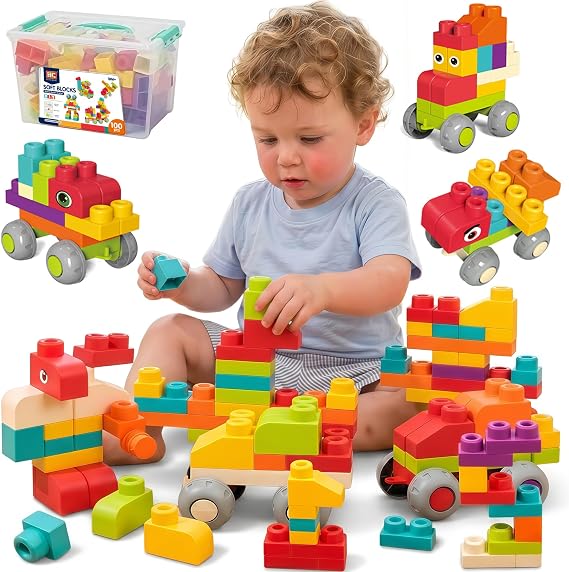 100 PCS Soft Building Blocks for Toddlers Aged 2 3 4 5 6 Years Old, Large Blocks with Storage Box - STEM Preschool Toy for Early Childhood Education, Birthday Gift for Boys Girls