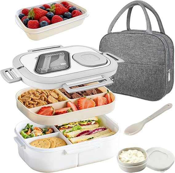 Bento Box Adult, Lunch Box For Women&Men With 2-Tier Containers, Lunch Bag, Utensil Set, Food Storage Container. Lunch Box With Containers, Salad Container. BPA-Free, Dishwasher Safe (White)