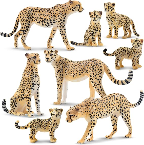 Toymany 8PCS Cheetah Figurines with Cheetah Cubs, Realistic Jungle Zoo Animals Figurines Family Set, Educational Toy Cake Toppers Christmas Birthday Gift for Kids