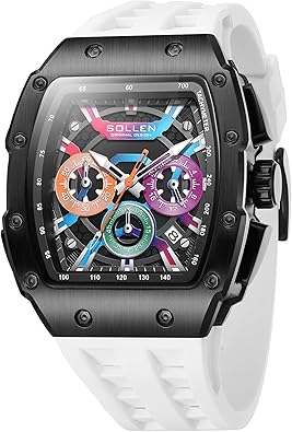 Stylish Men's Tonneau Watches, Analog Quartz Mens Chronograph Watch with Calendar,Fashion Sport Casual Work Wrist Watches for Men with Silicon Strap,Colorful Dial Skeleton Watch Gifts for Men