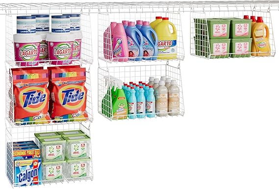 3-Pack Large Hanging Laundry Basket: Wire shelves for Laundry Room Organization with 360Rotating Hooks Foldable Space Saving Over Washer and Dryer Shelves -Metal Laundry Basket Holder, White Patent