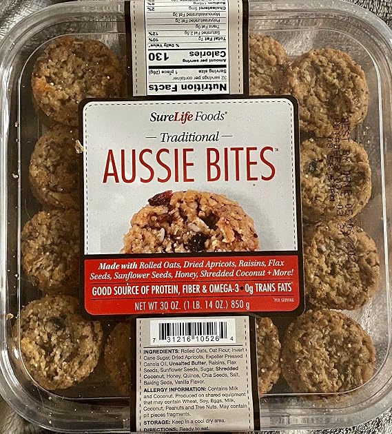 Gourmet Kitchn SureLife Foods لدغات الاسترالي التقليدية ، ملفات تعريف الارتباط للبروتين مع الكينوا ، الشيا ، الشوفان الملفوف ، 270 مجم من أوميغا 3 لكل حصة ، 16 أونصة