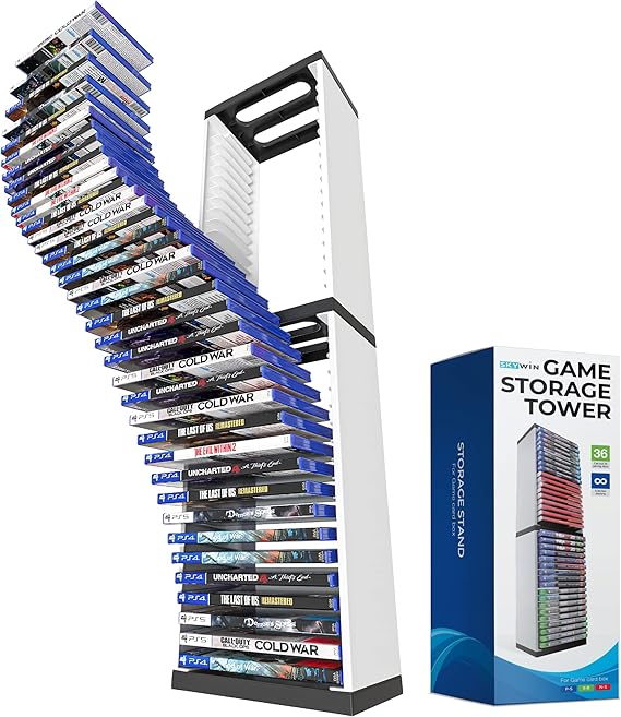 Skywin Video Game Storage Stand Tower 6.6 x 4.7 x 29.1 Inches, 36 CD Game Storage Organizer for PS5PS4PS3, Game Disc Holder for Christmas, Easter, Birthday, Holiday White