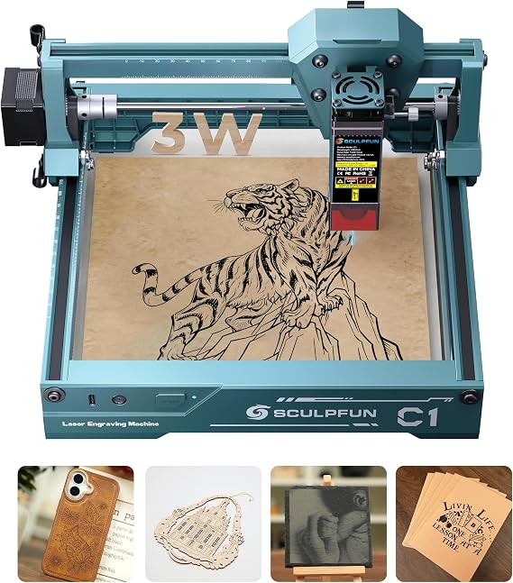 SCULPFUN C1 Laser Engraver, 3000mW Lazer Engraving and Cutter Machine with Working Area 130x150mm, 0.04mm Laser Spot Engraving Machines & Tools for Wood Leather Glass Acrylic