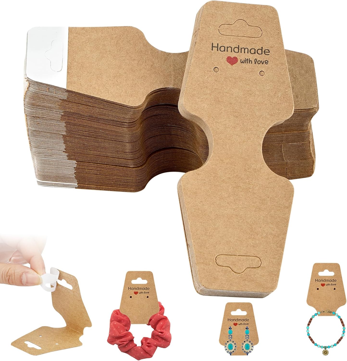 200 Pcs Bracelet Necklace Display Cards, Self Adhesive Jewelry Packaging, Sturdy Hanging Displays for Vendors Selling Chokers, Earrings Hair Accessories, Small Business Holder, 4.75x1.75 Inch (Brown)