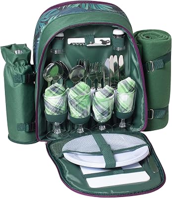 Picnic Backpack for 4 Person, Large Picnic Bag Set with Cooler Compartment, Wine Bag, Picnic Blanket for Camping, Day Travel, Hiking, BBQs, Family or Wedding Gifts Green