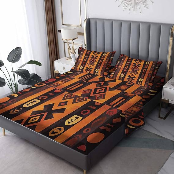 طقم ملاءات سرير كوين من African Sheets، ملاءات سرير أفرو، ديكورات غرف نوم غريبة، ملاءة جيب عميقة من الألياف الدقيقة الناعمة وملاءة مسطحة و2 غطاء وسادة