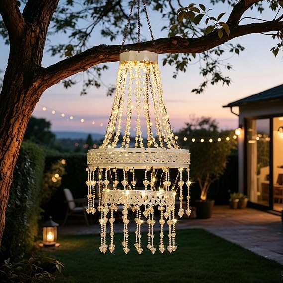 Hanging Solar Chandelier Outdoor Lantern Waterproof Modern Crystal Beaded Chandelier Powerful Lithium Battery 36 Warm White LEDs Garden Lights for Gazebo Yard Patio Party Wedding 32 Inch