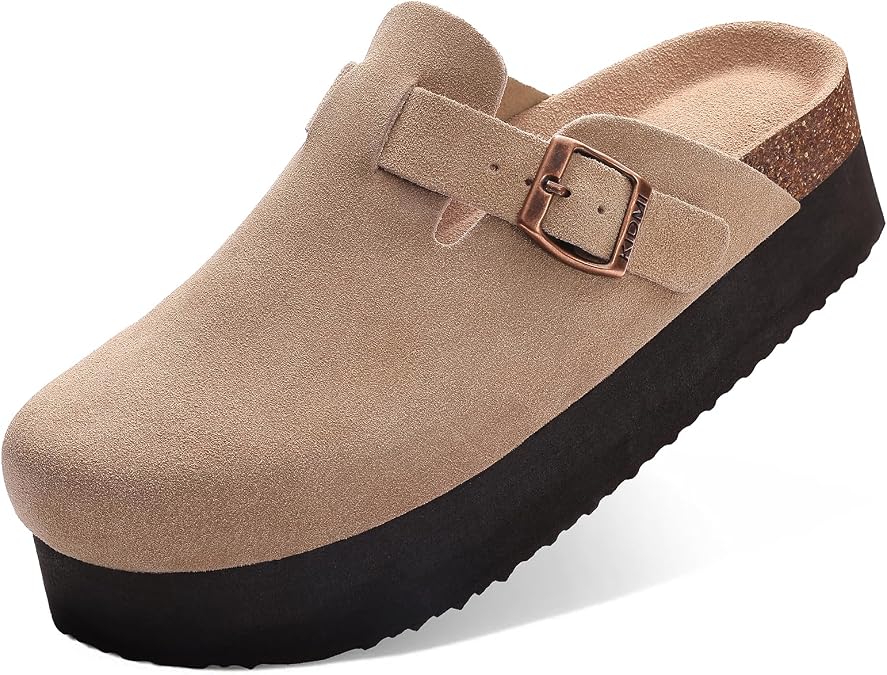 KIDMI Women's Platform Clogs Leather Mules Cork Footbed Potato Shoes