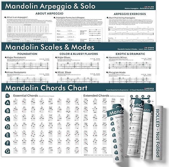 Mandolin Wall Chart Bundle Set of 3 Posters: Chords, Scales & Arpeggios 18x36 Inch Canvas Mandolin Learning Bundle for Beginner to Advanced Players Rolled in Tube, Not Folded