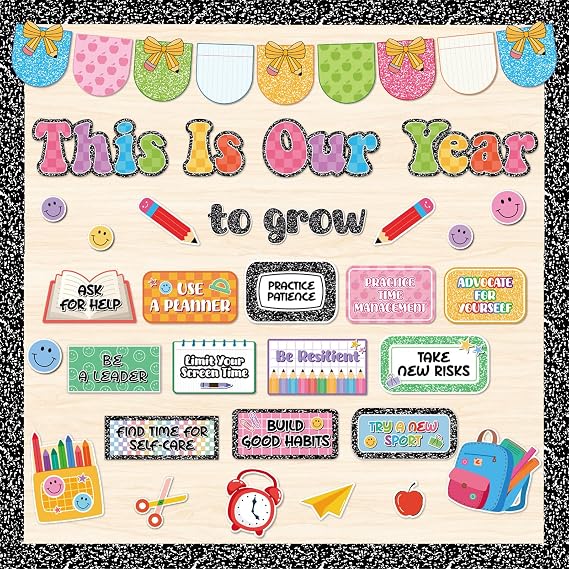 This is Our Year Bulletin Board Set Inspirational Composition Notebook Classroom Decor, Growth Positive Affirmations Notebook Happy Face Cutouts for Back to School Classroom Wall Chalkboard Supplies