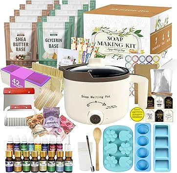 مجموعة أدوات صنع الصابون الفاخرة من LFISGNN للبالغين، صابون DIY، مجموعات أدوات صنع الصابون DIY مع وعاء صهر الصابون، قاعدة صابون طبيعية، 8 زيوت أساسية، 8 صبغات، 4 قوالب صابون، تعبئة ولوازم للمبتدئين
