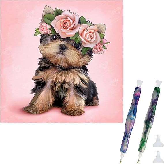 DIAMOND ART CLUB Yorkie & Roses Square + Drill Pen 2 Pack