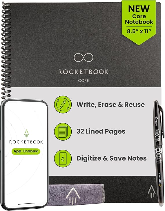دفتر ملاحظات ذكي قابل لإعادة الاستخدام من Rocketbook Core، صفحات مبطنة للمدرسة والعمل والمشاريع الإبداعية، حجم الحرف 8.5x11، أسود - ممتاز