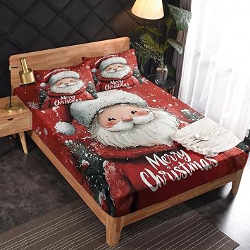 طقم ملاءات عيد الميلاد Twin XL، ملاءات سرير سانتا كلوز، ديكورات غرفة نوم عيد الميلاد، ملاءة جيب عميقة من الألياف الدقيقة الناعمة وملاءة مسطحة وغطاء وسادة واحد