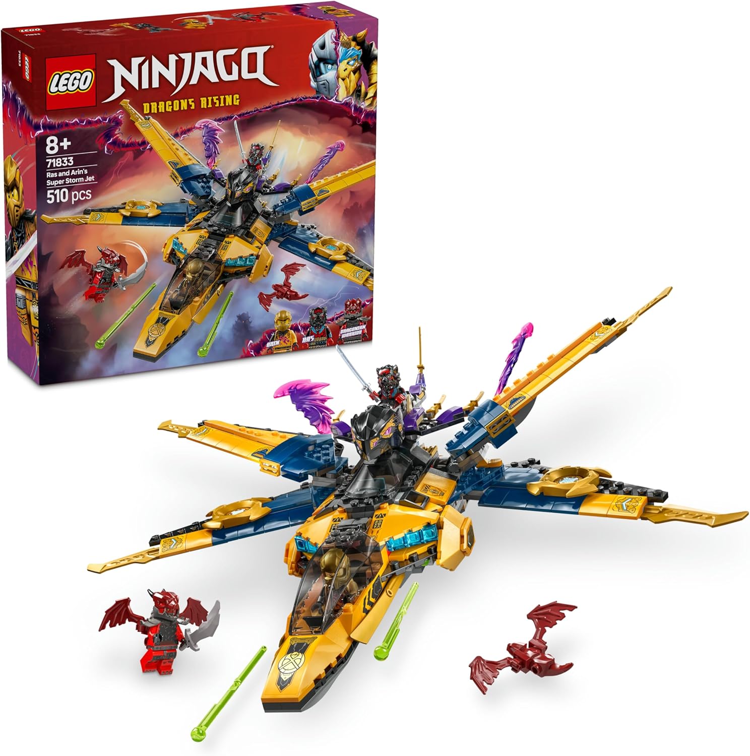 مجموعة صنع الألعاب الإبداعية LEGO NINJAGO Ras and Arins Super Storm Jet تتضمن 3 شخصيات نينجا صغيرة للأطفال الذين تتراوح أعمارهم بين 71833-8 سنوات فما فوق، هدية عيد ميلاد 510 قطعة